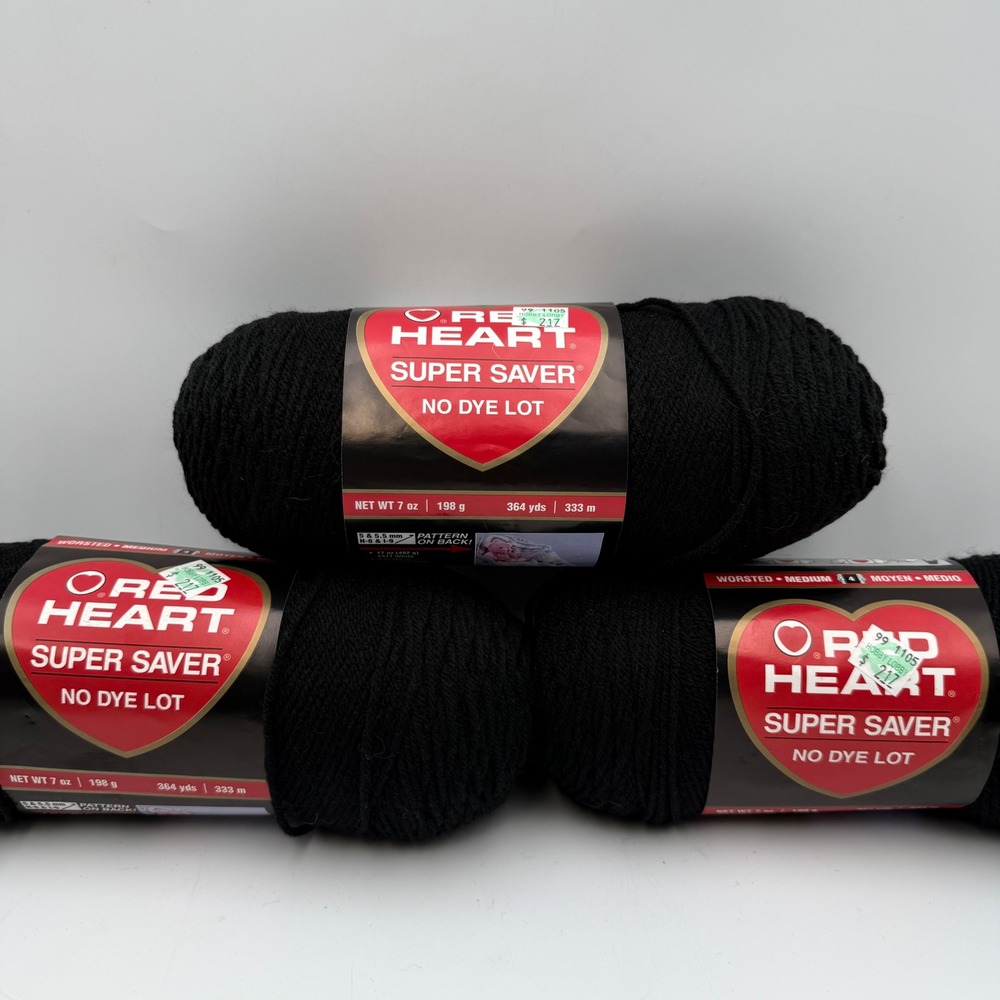 Red Heart Super Saver Yarn Black 0312 Worsted 7oz 364yds 3 Skeins Lot